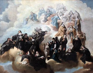 Santa Escolástica con monjas de la orden benedictina y sus ramas
